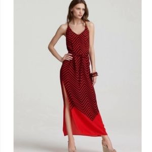 French Connection red & navy chevron print 100% silk maxi dress size 10
